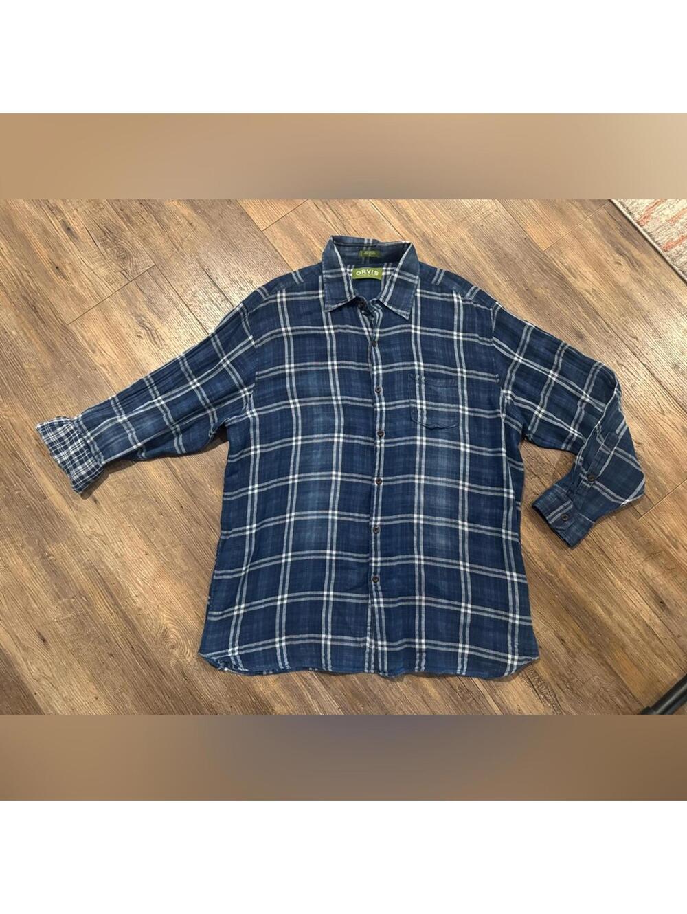 Orvis 100% Lightweight Cotton Blue Plaid Relaxed Button Down Shirt Sz XL